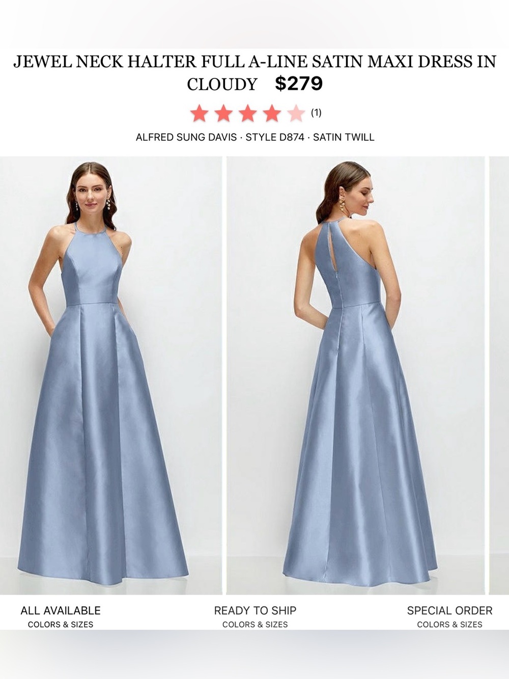 ALFRED SUNG Cloudy Blue Jewel Neck Halter Satin Maxi Dress